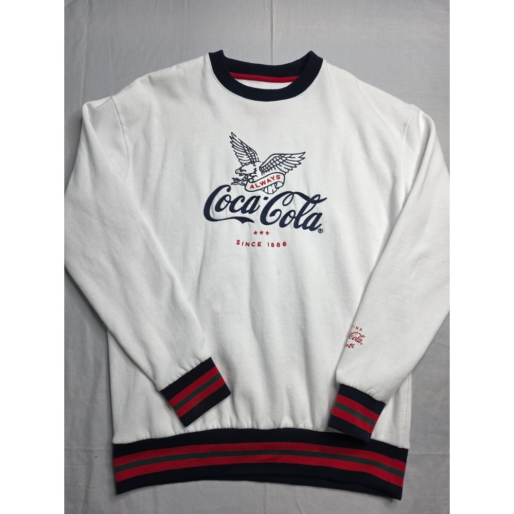 Coca-Cola Ringer Sweatshirt Unisex Large White Cotton Fleece Lined Crew Neck